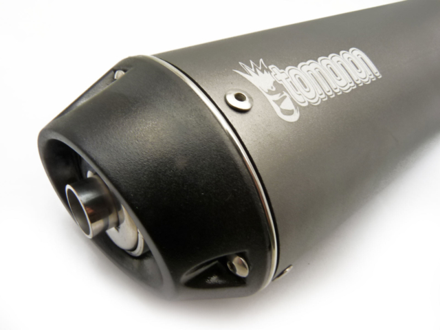 pitbike koncovka výfuku oválná, titanium s logem Tomanon utlumená, 38 mm svod