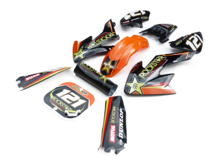 pitbike plasty černé CRF50 s polepy rockstar/oranžové, Stomp, DemonX, WPB