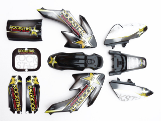 pitbike plasty černé CRF50 s polepy Rockstar, Stomp, DemonX, WPB